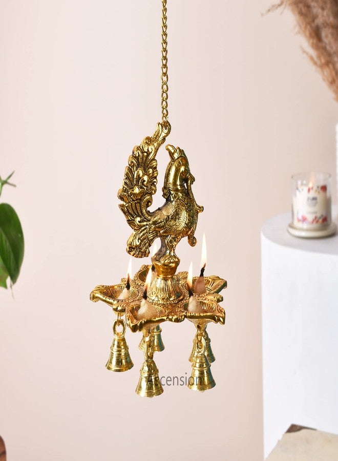 أسينشين مصباح ديا عتيق على شكل طاووس مع أجراس وسلسلة للمنزل، مصباح ديا معدني معلق للمعبد في ديوالي، غرفة بوجا، ديكور منزلي - Image 2